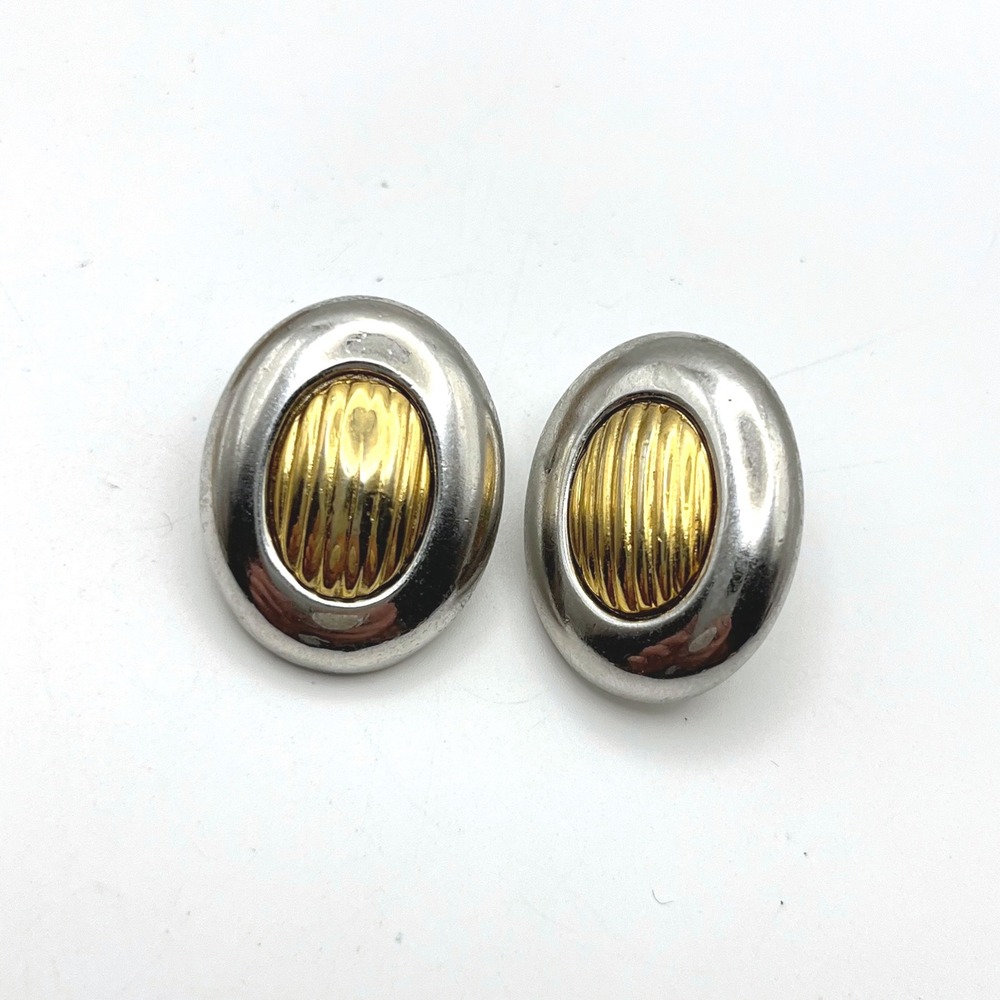 Vintage Two Tone Oval Ribbed Stud Earrings Mixed Metal Silver Gold Tone 1 Inch